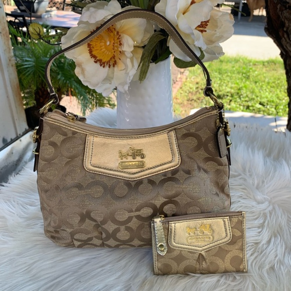 Coach Mini Madison Gold and Tan Signature Shoulder Bag end Wallet Set